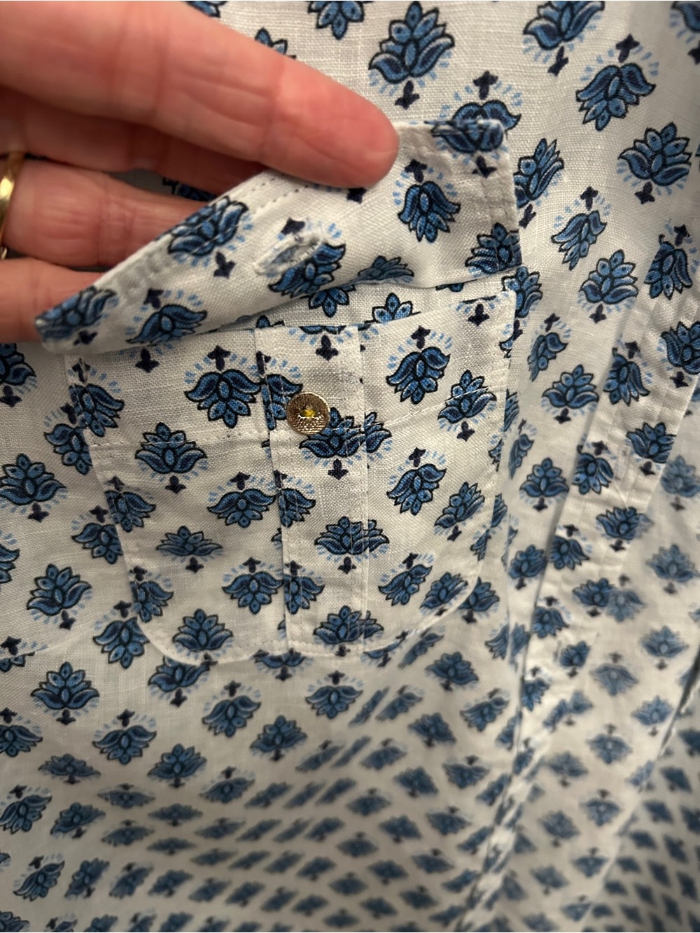 Charter Club Linen White Button-Down Shirt with Blue Floral Print - Picture 6 of 7